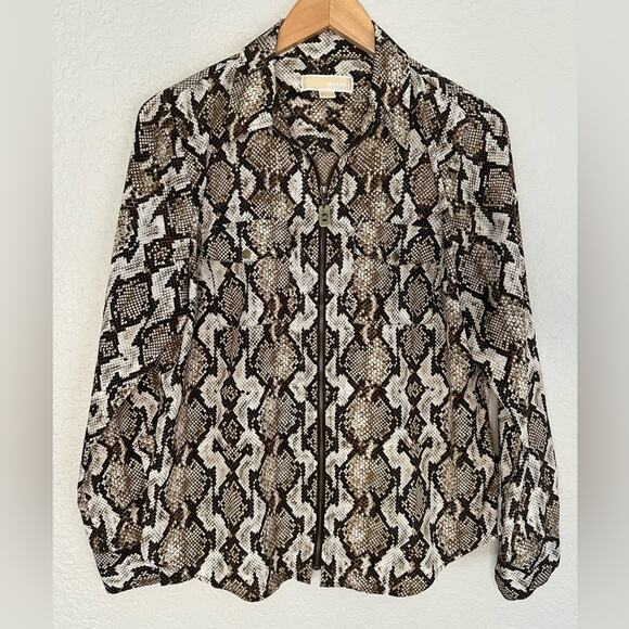 NEW Michael Kors Snakeskin Brown Full Zip Shirt Pockets Logo Long Sleeve Mobwife - Picture 1 of 9